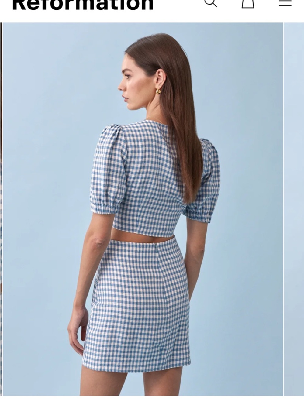 Reformation Ethel Two Piece Set Blue Gingham Mini Skirt Puff sleeve crop top 12 - Picture 3 of 15